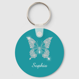 Chaveiro Borboleta Diamante Branco Nome em Script DIY, Azul