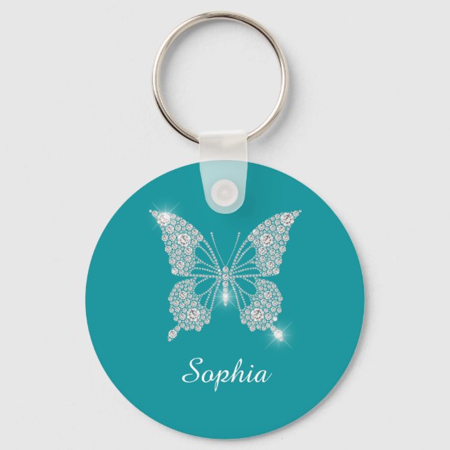 Chaveiro Borboleta Diamante Branco Nome em Script DIY, Azul (Frente)