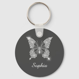 Chaveiro Borboleta Diamante Branco, Nome Personalizado, Cin