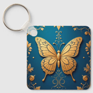 Chaveiro Borboleta Dourada Ornamentada Com Padrão Floral