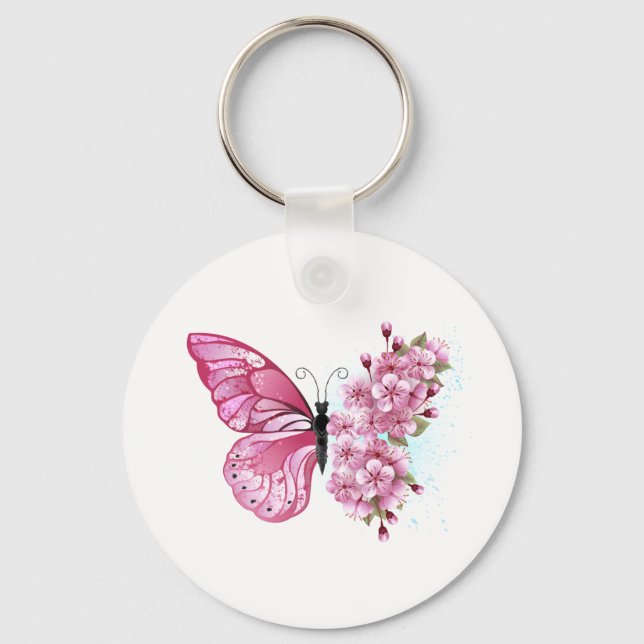 Chaveiro Borboleta Flor com Sakura Rosa (Frente)