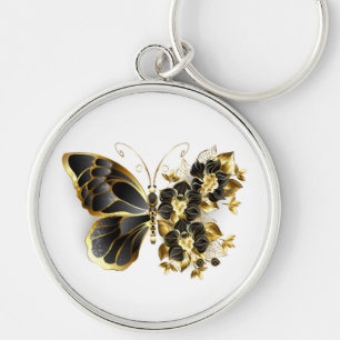 Chaveiro Borboleta Flor Dourada com Orquídea Preta