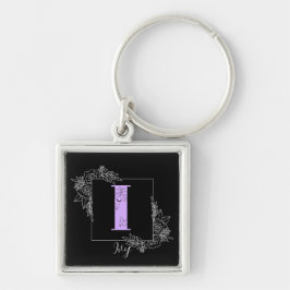 Chaveiro Borboleta Floral Púrpura Monograma Personalizado -