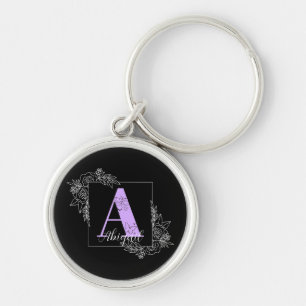 Chaveiro Borboleta Floral Púrpura Monograma Personalizado -