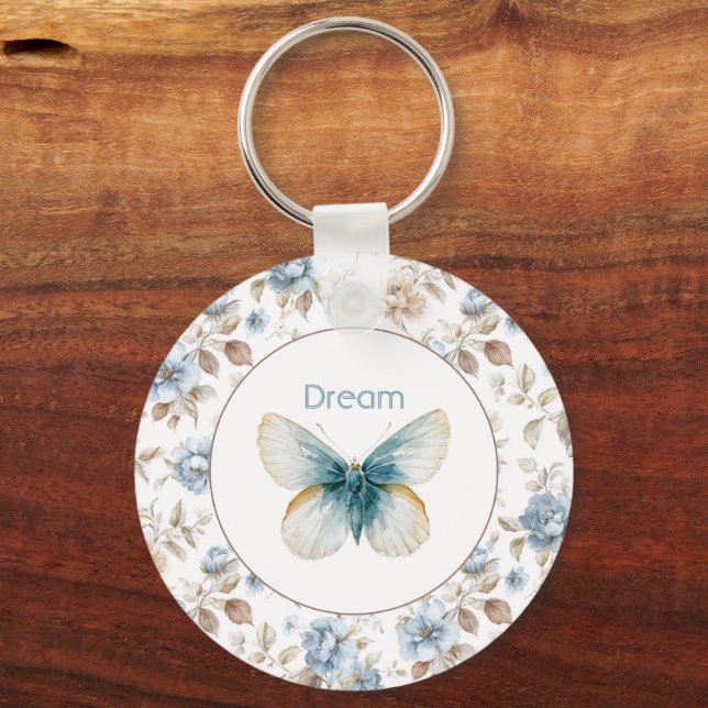 Chaveiro Borboleta Flores Marrom Bege Creme Azul (Frente)