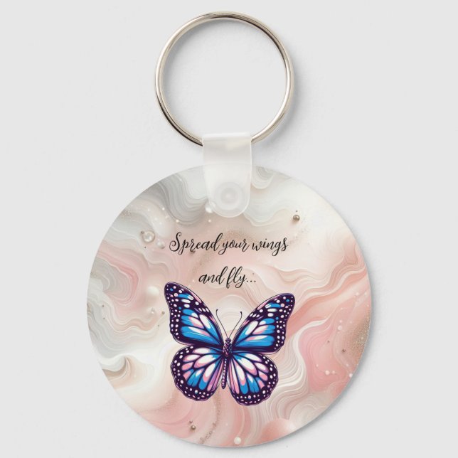 Chaveiro Borboleta Monarca Azul e Rosa com Dito (Frente)