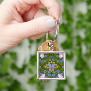 Chaveiro Borboletas e flores simetria, azul e rosa