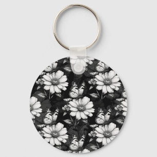 Chaveiro Borboletas no design de padrão de flor preto