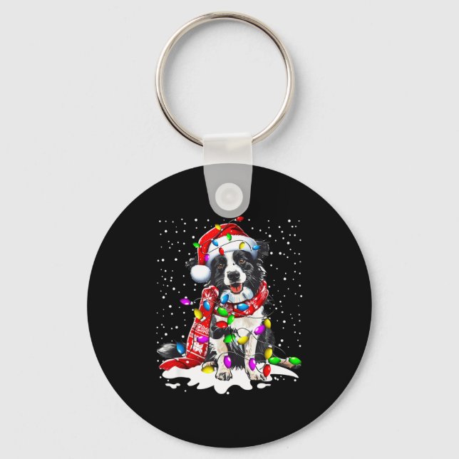 Chaveiro Border Collie Cachorro Iluminação Xmas Chapéu de P (Frente)