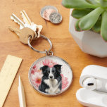 Chaveiro Border Collie Dog and Bold Pink Lilies<br><div class="desc">This keychain is a great gift or stocking stuffer and features a Border Collie sitting against a backdrop of big,  bold pink lilies in a botanical dog lover image.</div>