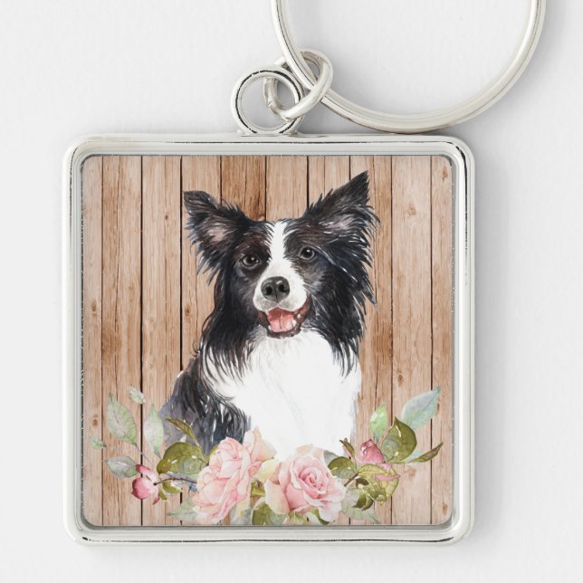 Chaveiro Border Collie & Flores em Aquarela  (Frente)