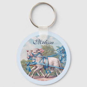 Chaveiro Borregos Vintage Vestidos em Fitas Azuis Ricos