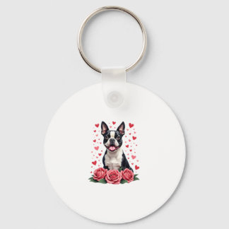 Chaveiro Boston Terrier com Corações de Rosas Vermelhas Cam