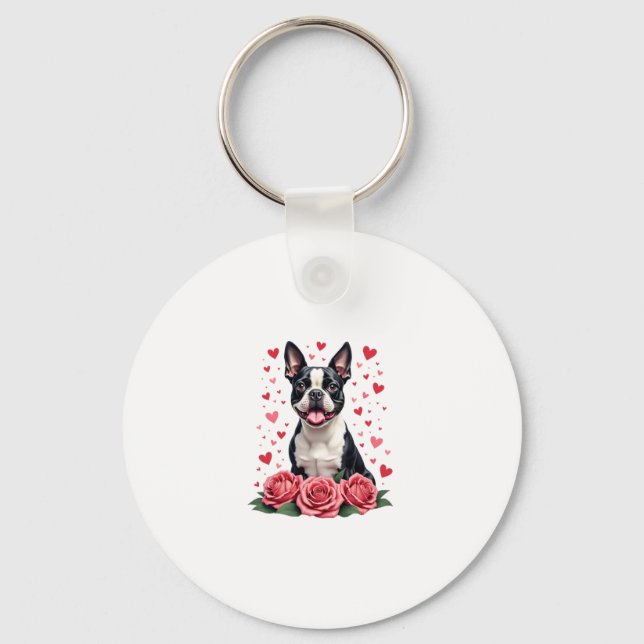 Chaveiro Boston Terrier com Corações de Rosas Vermelhas Cam (Frente)