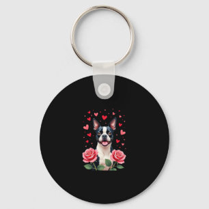 Chaveiro Boston Terrier com Corações de Rosas Vermelhas Cam