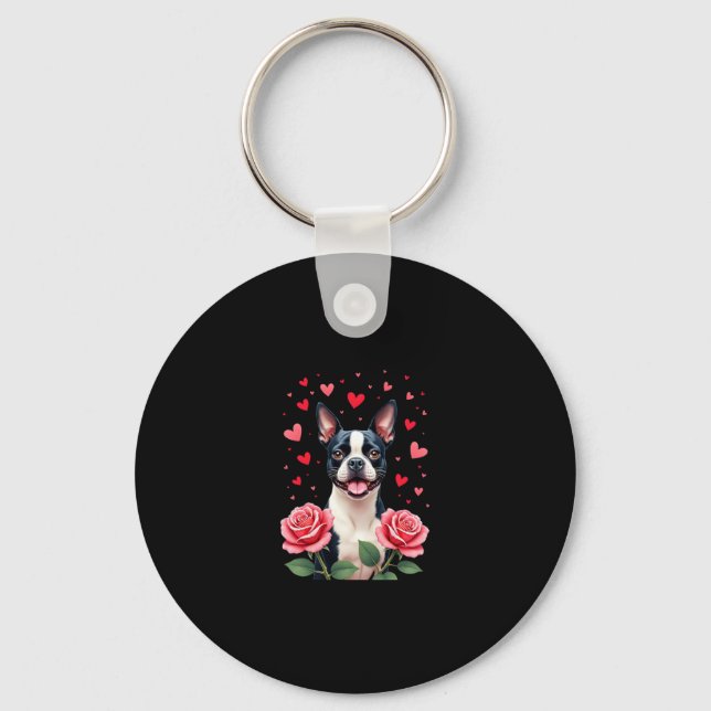 Chaveiro Boston Terrier com Corações de Rosas Vermelhas Cam (Frente)