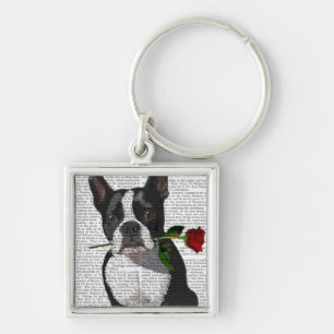 Chaveiro Boston Terrier com Rosa em Boca