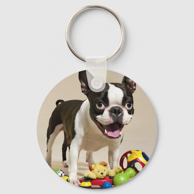 Chaveiro Boston Terrier Dog Brincando com Brinquedos (Frente)