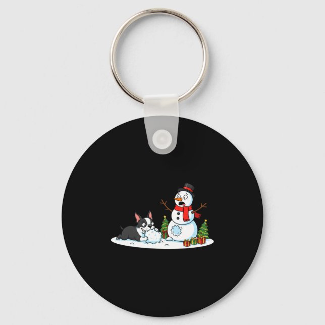 Chaveiro Boston Terrier Snowman Christmas Tree Xmas Womens  (Frente)
