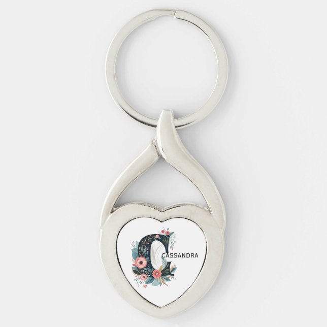 Chaveiro Botânica Floral Monograma - Letra C Personalizável (Frente)