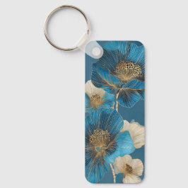Chaveiro Botânico Azul Dourado Linha Arte Papoula Floral