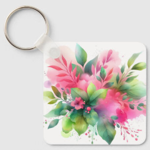 Chaveiro Botânico Floral Aquarela Rosa Verde