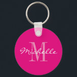 Chaveiro Botão de monograma cor-de-rosa neon personalizado<br><div class="desc">Botão redondo de nome branco e cor-de-rosa neon chaveiro. Tipografia de script clássico e cor de fundo personalizada. Elegante design para mulheres e raparigas. Monograma com sua própria letra inicial de nome exclusivo. Bonito favor de festa de casamento ou ideia de presente de aniversário. Também é bom para chá de...</div>