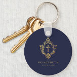 Chaveiro Boy Baptism favorece Marinho Blue Faux Dourado Cru<br><div class="desc">Um elegante design religioso com uma cruz numa crista vintage, apropriado para o batismo de um menino. A crista e a cruz são folhas falsas de ouro, o fundo é marinho azul. Sob a crista, em bonés pequenos, há o nome, a ocasião e a data, em letras ouros. A crista...</div>