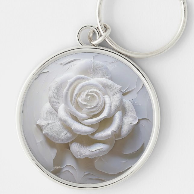 Chaveiro Branco sobre Branco - Rosa Esculpida (Frente)