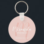 Chaveiro Bridesmaid Personalizado de Script Moderno<br><div class="desc">Adicione um toque pessoal ao seu casamento com chaveiro de madrinha personalizada. Este chaveiro apresenta o nome personalizado da madrinha em estilo de fonte branco moderno de script e monograma em estilo de fonte rotineiro rosa pincelado moderno como fundo com título e data de casamento em estilo de fonte branco...</div>
