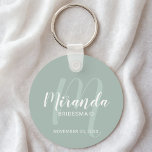 Chaveiro Bridesmaid Personalizado de Script Moderno<br><div class="desc">Adicione um toque pessoal ao seu casamento com chaveiro de madrinha personalizada. Este chaveiro apresenta o nome personalizado da madrinha em estilo de fonte branco moderno de script e monograma em estilo de fonte verde moderno de script sage como fundo com título e data de casamento em estilo de fonte...</div>
