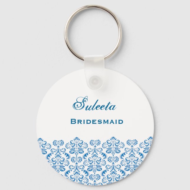 Chaveiro Bridesmaid Wedding Favor Blue Damask Lace B039 (Frente)