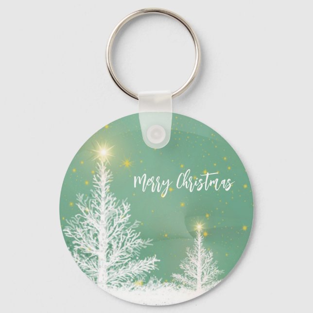 Chaveiro Brilhando fundo azul com árvore de Natal (Frente)