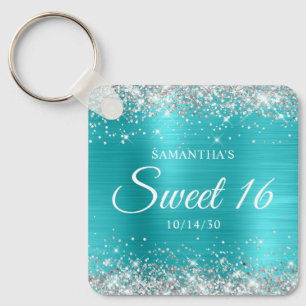 Chaveiro Brilho Prateado Azul Turquesa Foil Sweet 16