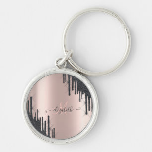 Chaveiro Brilho Preto Moderno Pingos Monograma Dourado Rosa