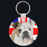Chaveiro British Bulldog with Union Jack<br><div class="desc">This lovely colourful button keychain,  zip pull,   features my portrait of a British Bulldog,  against a red white and blue union Jack.  A lovely gift or stocking filler and ideal to keep your keys safe.</div>