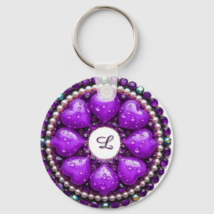 Chaveiro Broche de Joia Roxa Circular com Coração
