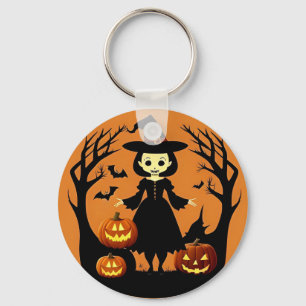 Chaveiro Bruxa de Halloween com Abóboras em Cenário Assusta