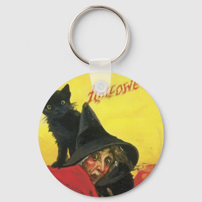 Chaveiro Bruxa e gato vintage de Halloween (Frente)