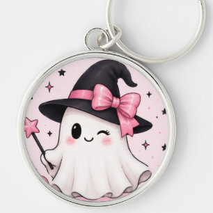 Chaveiro Bruxa Fantasma Coquete com Laço Rosa de Halloween