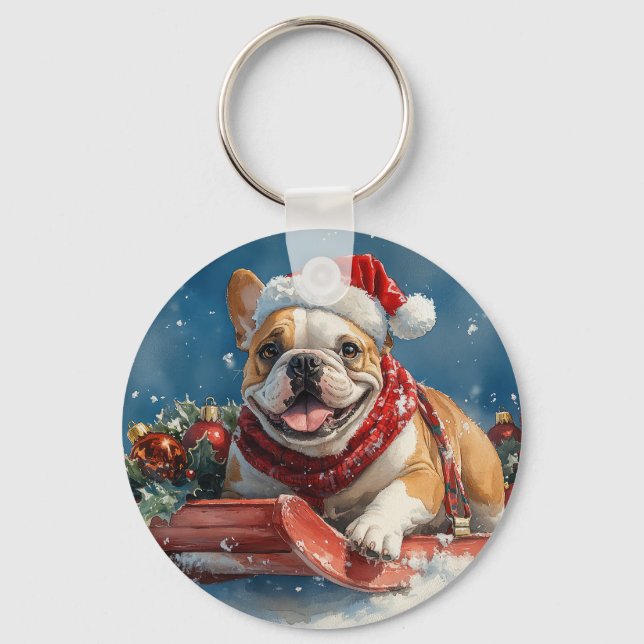 Chaveiro Buldogue em Sledge Deixe-o nevar Natal (Frente)
