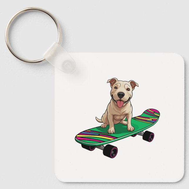 Chaveiro Bull Terrier inglês num skateboard (Frente)