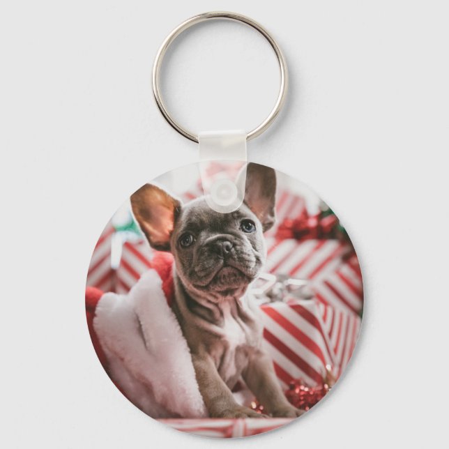 Chaveiro Bulldog Francês no Chapéu de Natal (Frente)
