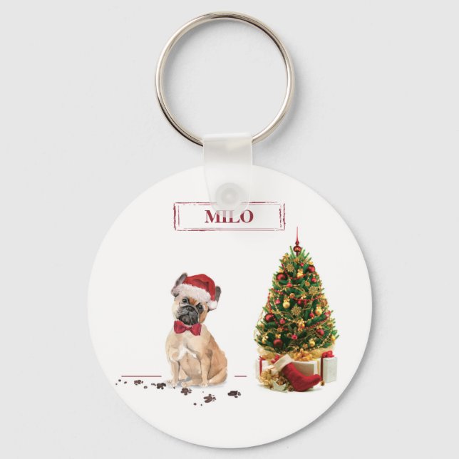 Chaveiro Bulldogue Francês Cachorro de Natal Engraçado com  (Frente)