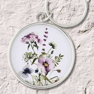 Chaveiro Buquê de Flores Silvestres Roxas Aquarela Floral