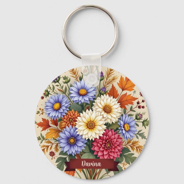 Chaveiro Buquê de Outono de Ásteres e Dahlia (Frente)