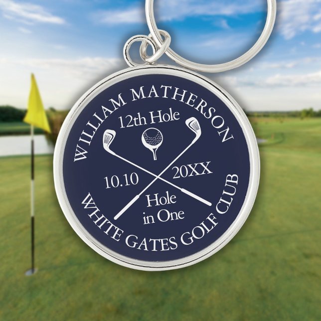 Chaveiro Buraco de Golfe Personalizado em Azul Marinho (Personalized Golf Hole in One Navy Blue Keychain)