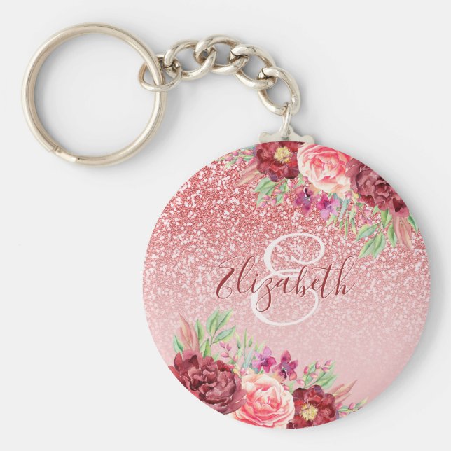 Chaveiro Burgundy Floral Rosa Dourado Glitter Personalizado (Frente)
