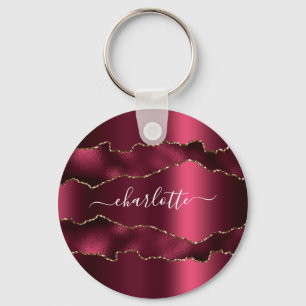 Chaveiro Burgundy gold metal agate marble name script 