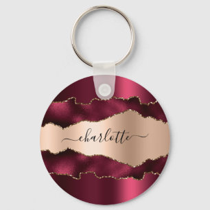 Chaveiro Burgundy rosa gold metal agate marble name script